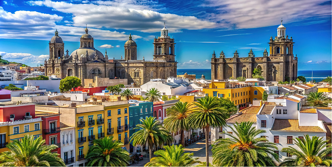Las Palmas de Gran Canaria: cathedral and colorful cityscape toward the sea