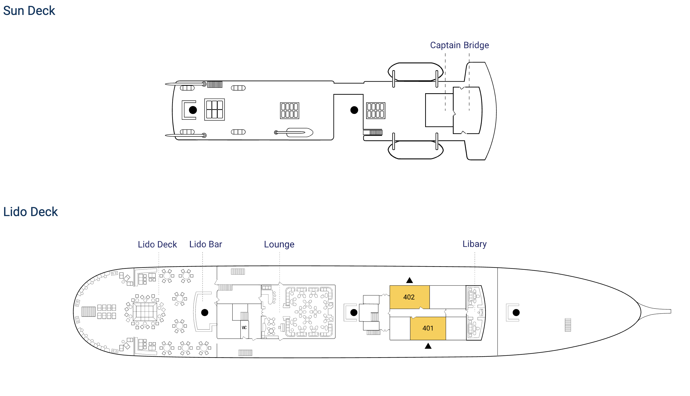 Sea Cloud II deck plans: Sun Deck and Lido Deck