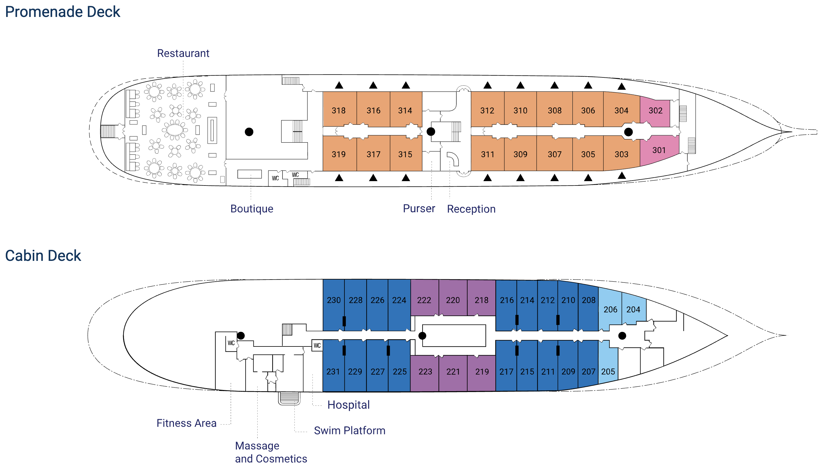 Sea Cloud II deck plans: Promenade Deck and Cabin Deck